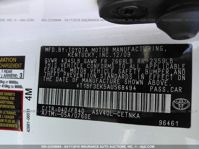 4T1BF3EK5AU568494 - 2010 TOYOTA CAMRY SE/LE/XLE WHITE photo 9