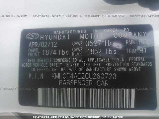 KMHCT4AE2CU260723 - 2012 HYUNDAI ACCENT GLS/GS WHITE photo 9