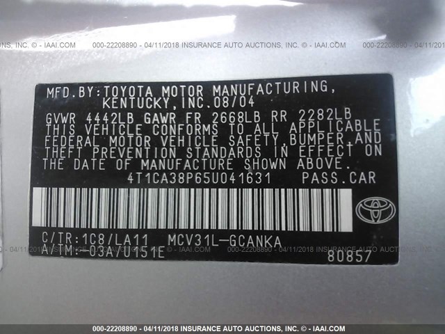 4T1CA38P65U041631 - 2005 TOYOTA CAMRY SOLARA SE/SLE ვერცხლისფერი ფოტო 9