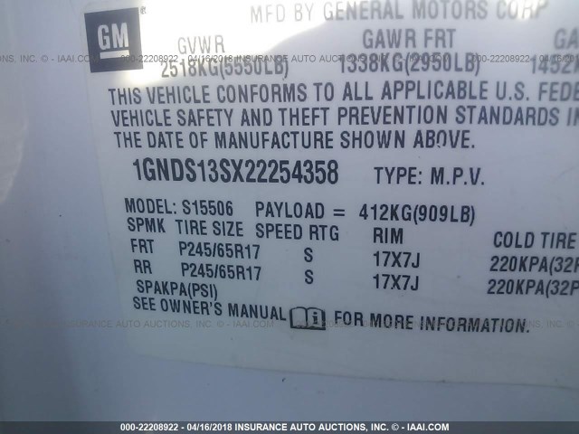 1GNDS13SX22254358 - 2002 CHEVROLET TRAILBLAZER  WHITE photo 9