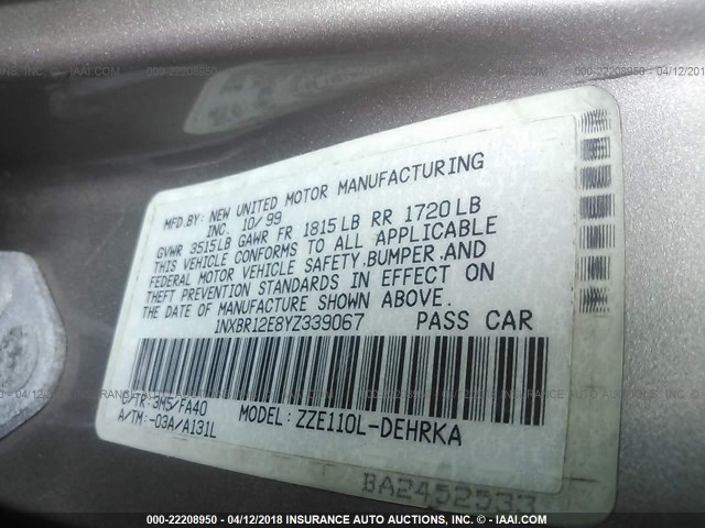 1NXBR12E8YZ339067 - 2000 TOYOTA COROLLA VE/CE/LE 棕色 照片 9