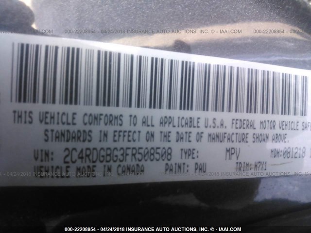 2C4RDGBG3FR508508 - 2015 DODGE GRAND CARAVAN SE GRAY photo 9