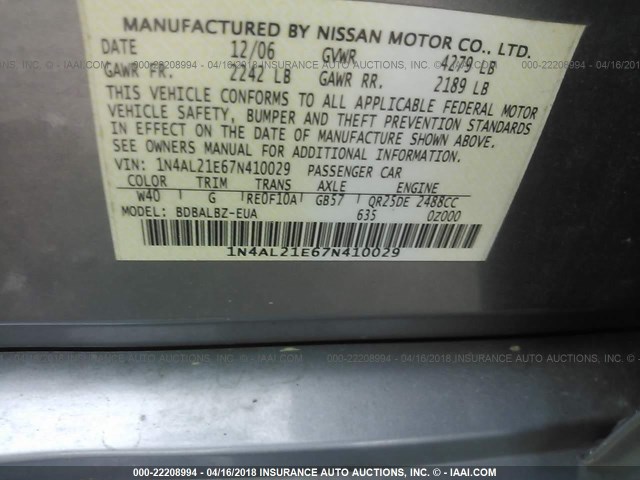 1N4AL21E67N410029 - 2007 NISSAN ALTIMA 2.5/2.5S GRAY photo 9