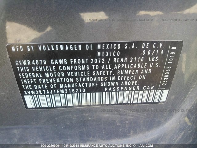 3VW2K7AJ1EM316270 - 2014 VOLKSWAGEN JETTA S 灰色 照片 9