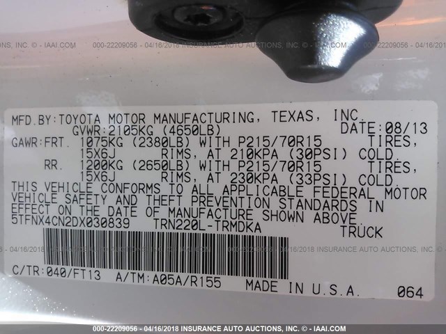 5TFNX4CN2DX030839 - 2013 TOYOTA TACOMA WHITE photo 9