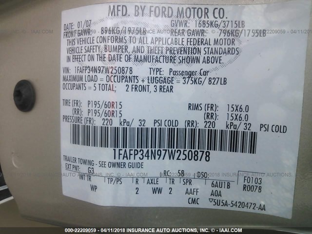 1FAFP34N97W250878 - 2007 FORD FOCUS ZX4/S/SE/SES GOLD photo 9