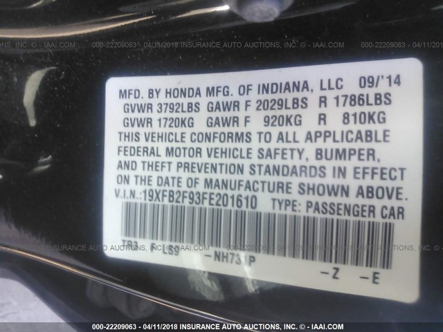 19XFB2F93FE201610 - 2015 HONDA CIVIC EXL BLACK photo 9