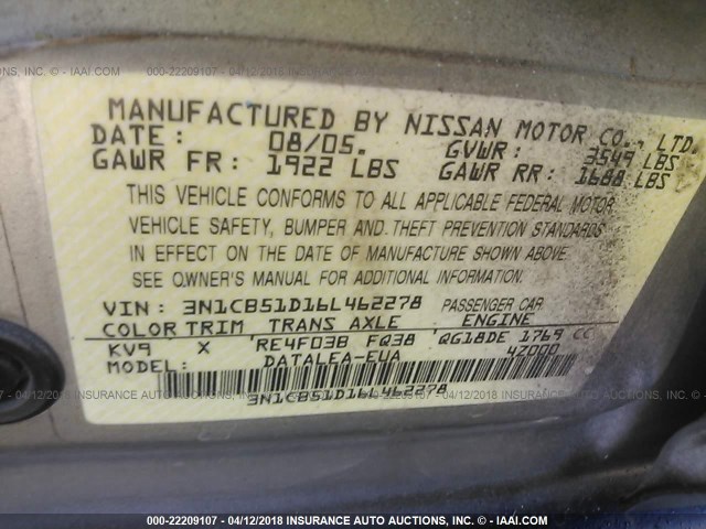 3N1CB51D16L462278 - 2006 NISSAN SENTRA 1.8/1.8S BLACK photo 9