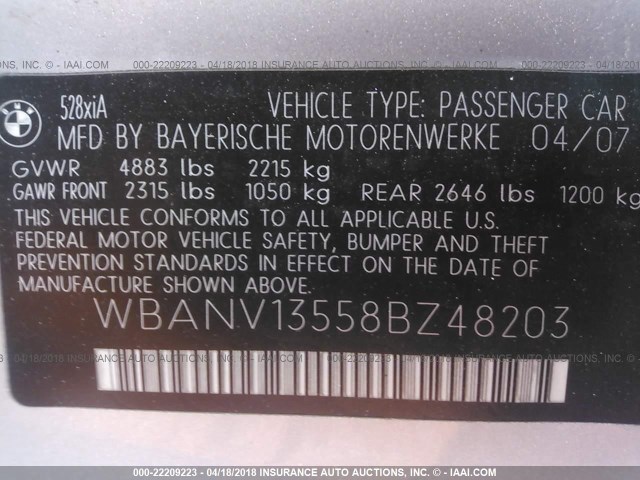 WBANV13558BZ48203 - 2008 BMW 528 XI SILVER photo 9