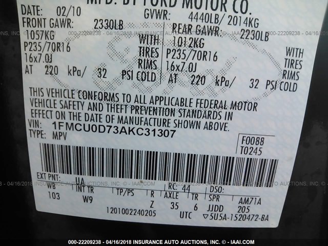 1FMCU0D73AKC31307 - 2010 FORD ESCAPE XLT BLACK photo 9