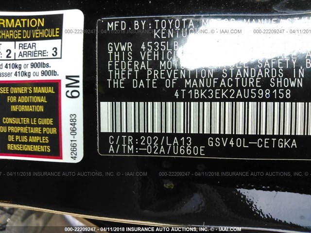 4T1BK3EK2AU598158 - 2010 TOYOTA CAMRY SE/LE/XLE 黑色 照片 9