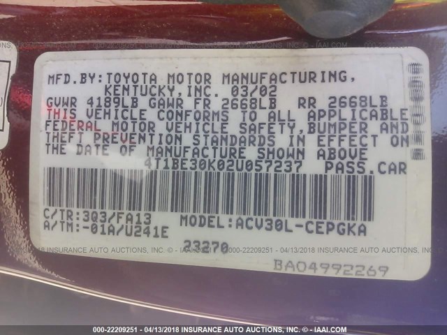 4T1BE30K02U057237 - 2002 TOYOTA CAMRY LE/XLE/SE 勃艮第红 照片 9