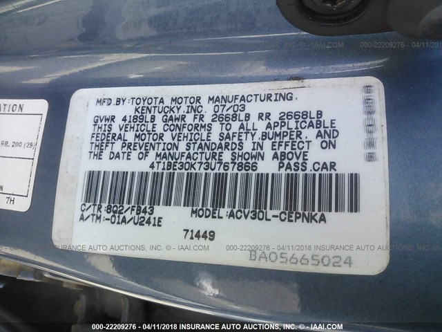 4T1BE30K73U767866 - 2003 TOYOTA CAMRY LE/XLE/SE ღია ლურჯი ფოტო 9