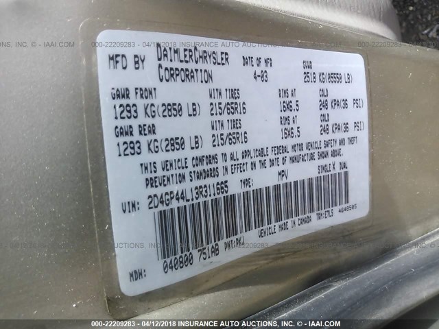 2D4GP44L13R311665 - 2003 DODGE GRAND CARAVAN SPORT GOLD photo 9