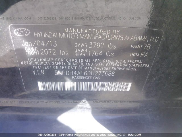 5NPDH4AE6DH273688 - 2013 HYUNDAI ELANTRA GLS/LIMITED BLACK photo 9