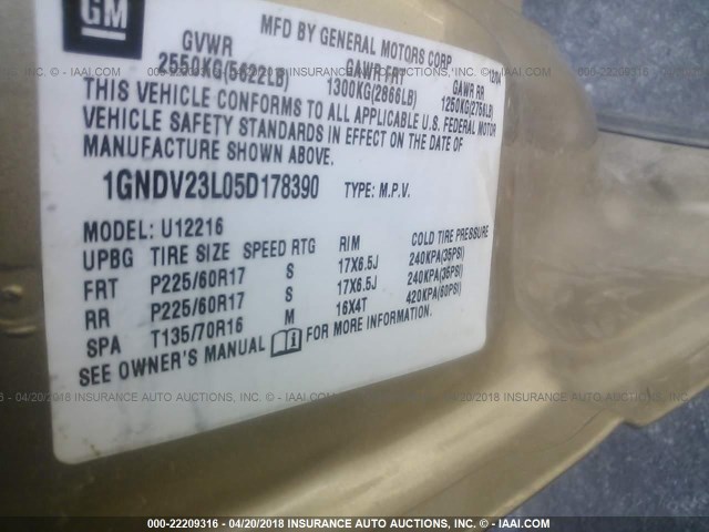 1GNDV23L05D178390 - 2005 CHEVROLET UPLANDER LS TAN photo 9