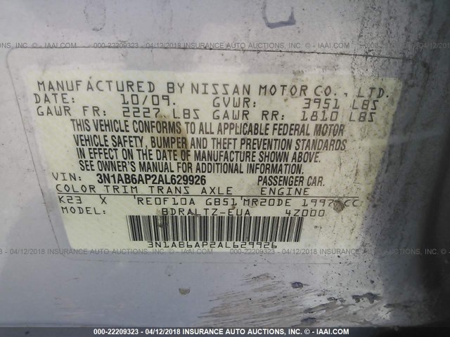 3N1AB6AP2AL629926 - 2010 NISSAN SENTRA 2.0/2.0S/SR/2.0SL SILVER photo 9