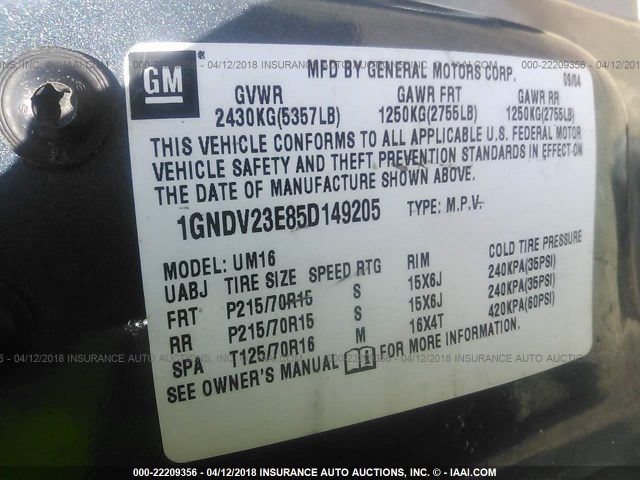 1GNDV23E85D149205 - 2005 CHEVROLET VENTURE LS BLUE photo 9