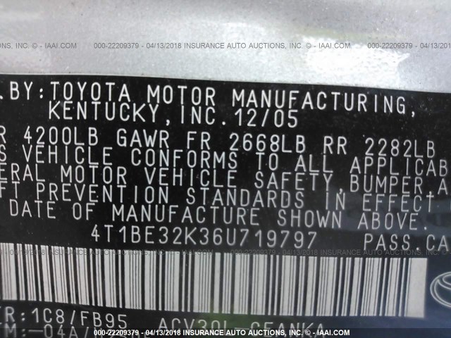 4T1BE32K36U719797 - 2006 TOYOTA CAMRY LE/XLE/SE SILVER photo 9
