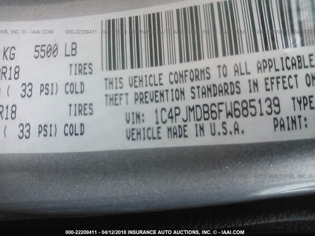 1C4PJMDB6FW685139 - 2015 JEEP CHEROKEE LIMITED GRAY photo 9