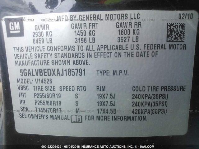 5GALVBEDXAJ185791 - 2010 BUICK ENCLAVE CXL 黑色 照片 9