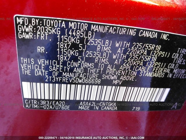 2T3YFREV5DW066698 - 2013 TOYOTA RAV4 LIMITED RED photo 9