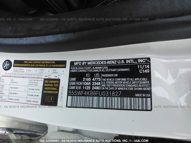 55SWF4KB8FU031827 - 2015 MERCEDES-BENZ C 300 4MATIC WHITE photo 9