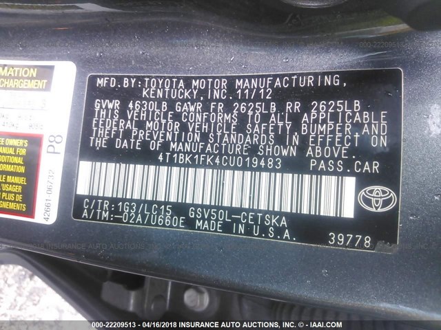 4T1BK1FK4CU019483 - 2012 TOYOTA CAMRY SE/XLE GRAY photo 9