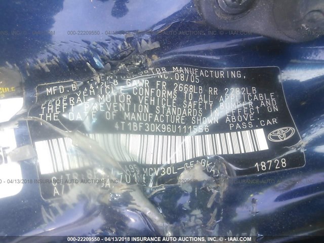 4T1BF30K96U111556 - 2006 TOYOTA CAMRY LE/XLE/SE 蓝色 照片 9