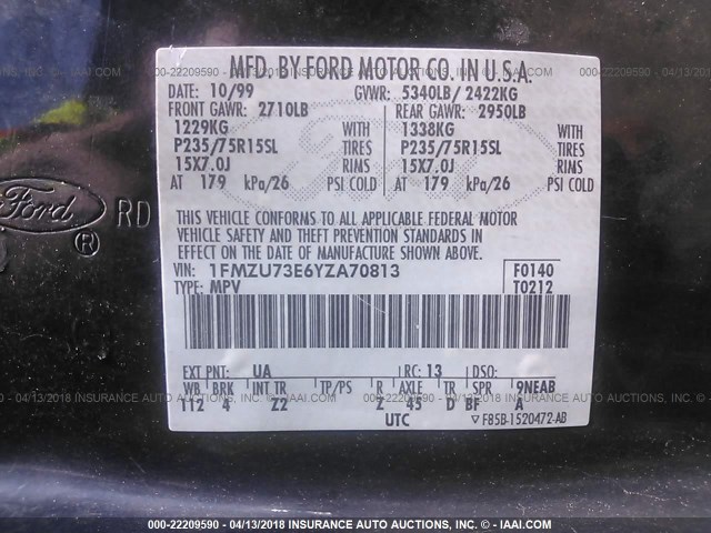 1FMZU73E6YZA70813 - 2000 FORD EXPLORER XLT BLACK photo 9