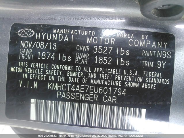 KMHCT4AE7EU601794 - 2014 HYUNDAI ACCENT GLS/GS GRAY photo 9