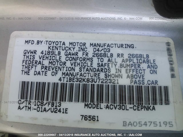 4T1BE32K83U722321 - 2003 TOYOTA CAMRY LE/XLE/SE SILVER photo 9