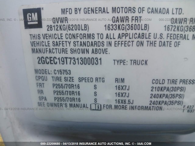 2GCEC19T731300031 - 2003 CHEVROLET SILVERADO C1500 WHITE photo 9