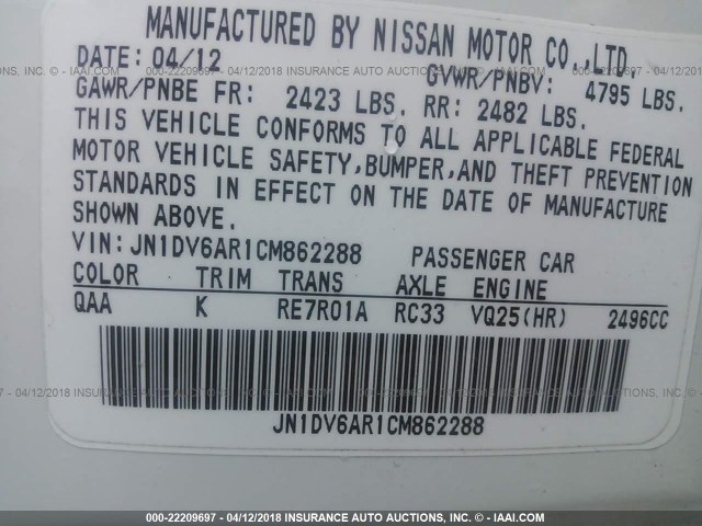 JN1DV6AR1CM862288 - 2012 INFINITI G25 WHITE photo 9