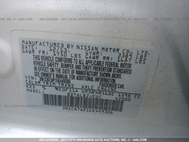 3N1CN7AP1EK449306 - 2014 NISSAN VERSA S/S PLUS/SV/SL SILVER photo 9