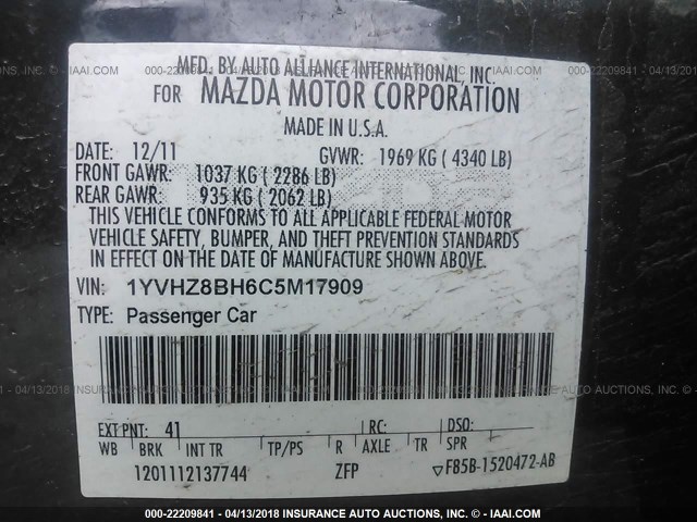 1YVHZ8BH6C5M17909 - 2012 MAZDA 6 I Сұр фото 9