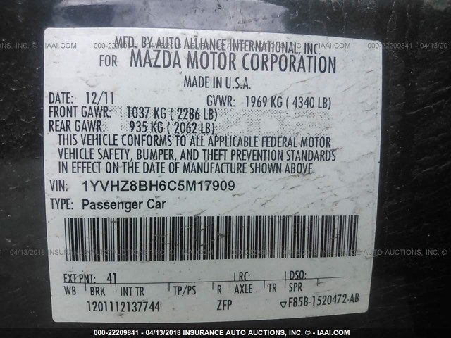 1YVHZ8BH6C5M17909 - 2012 MAZDA 6 I GRAY photo 9