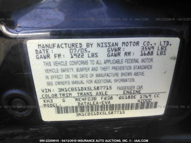 3N1CB51DX5L587715 - 2005 NISSAN SENTRA 1.8/1.8S BLACK photo 9