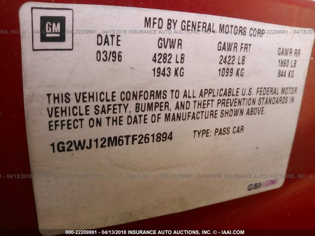 1G2WJ12M6TF261894 - 1996 PONTIAC GRAND PRIX SE 红色 照片 9