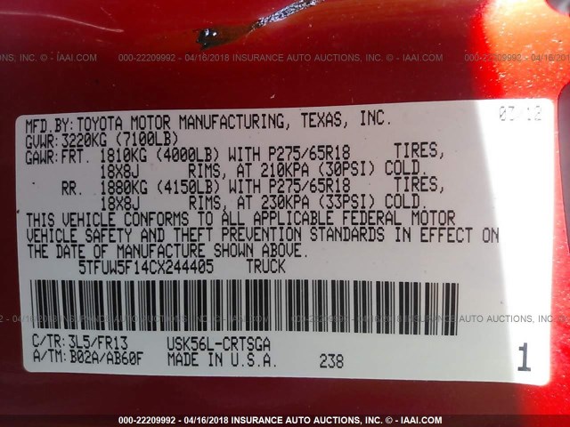 5TFUW5F14CX244405 - 2012 TOYOTA TUNDRA DOUBLE CAB SR5 RED photo 9