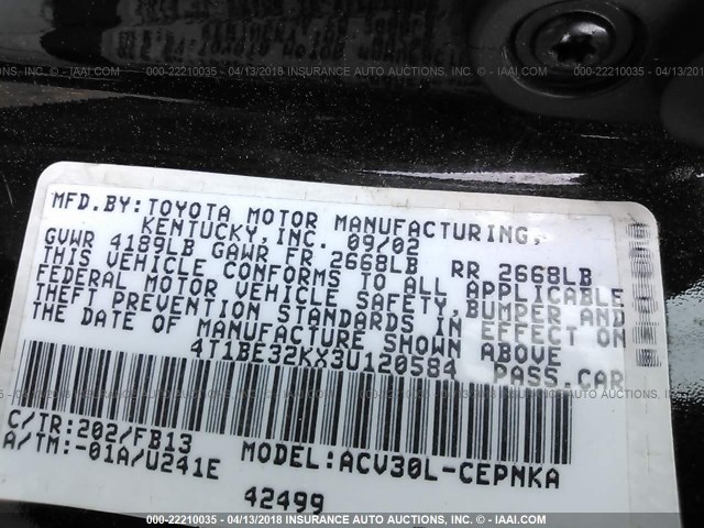 4T1BE32KX3U120584 - 2003 TOYOTA CAMRY LE/XLE/SE Қара фото 9