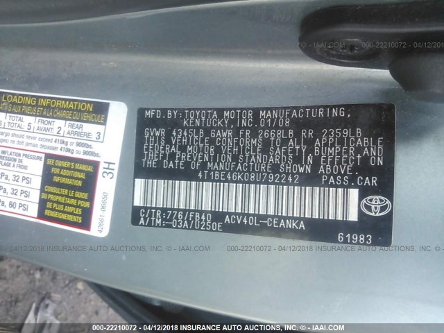 4T1BE46K08U792242 - 2008 TOYOTA CAMRY CE/LE/XLE/SE GREEN photo 9