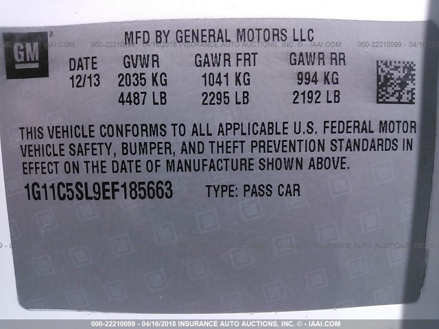 1G11C5SL9EF185663 - 2014 CHEVROLET MALIBU 1LT WHITE photo 9