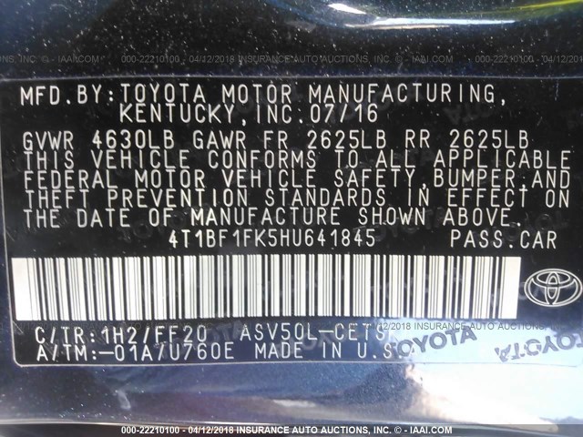 4T1BF1FK5HU641845 - 2017 TOYOTA CAMRY LE/XLE/SE/XSE BLACK photo 9