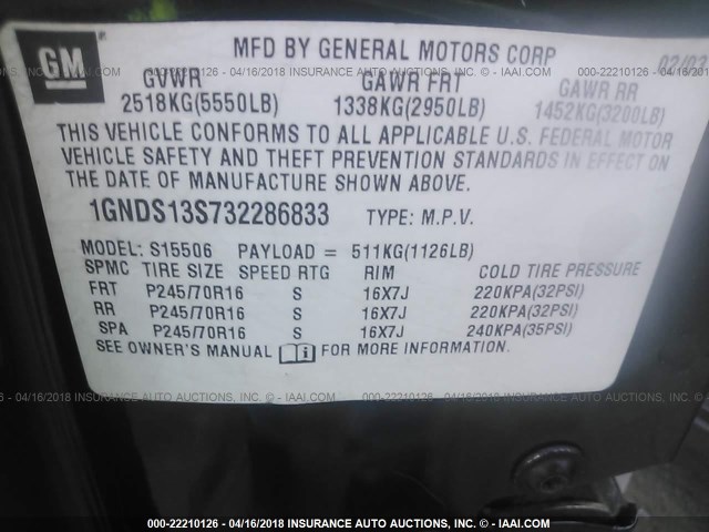 1GNDS13S732286833 - 2003 CHEVROLET TRAILBLAZER  GREEN photo 9