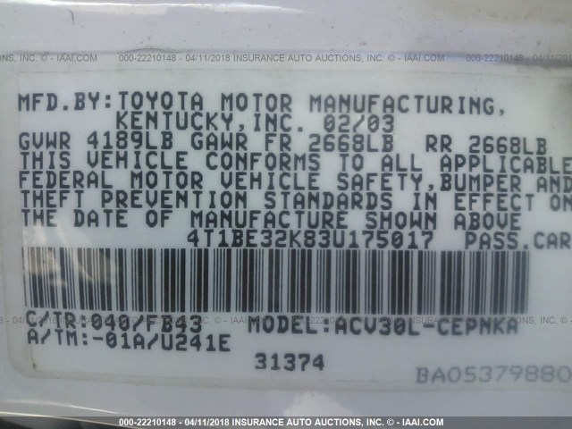 4T1BE32K83U175017 - 2003 TOYOTA CAMRY LE/XLE/SE 白色 照片 9