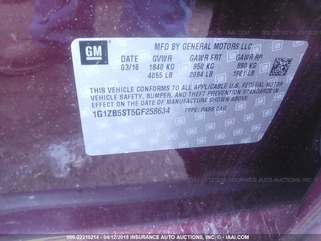 1G1ZB5ST5GF258634 - 2016 CHEVROLET MALIBU LS 栗色 照片 9