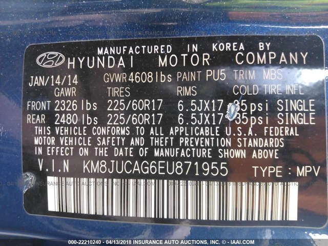 KM8JUCAG6EU871955 - 2014 HYUNDAI Tucson GLS/LIMITED/SE BLUE photo 9