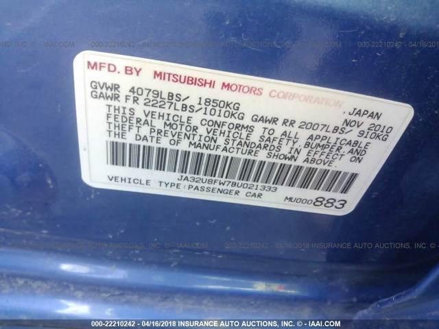 JA32U8FW7BU021333 - 2011 MITSUBISHI LANCER GTS BLUE photo 9