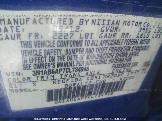 3N1AB6AP7CL734948 - 2012 NISSAN SENTRA 2.0/2.0S/SR/2.0SL BLUE photo 9